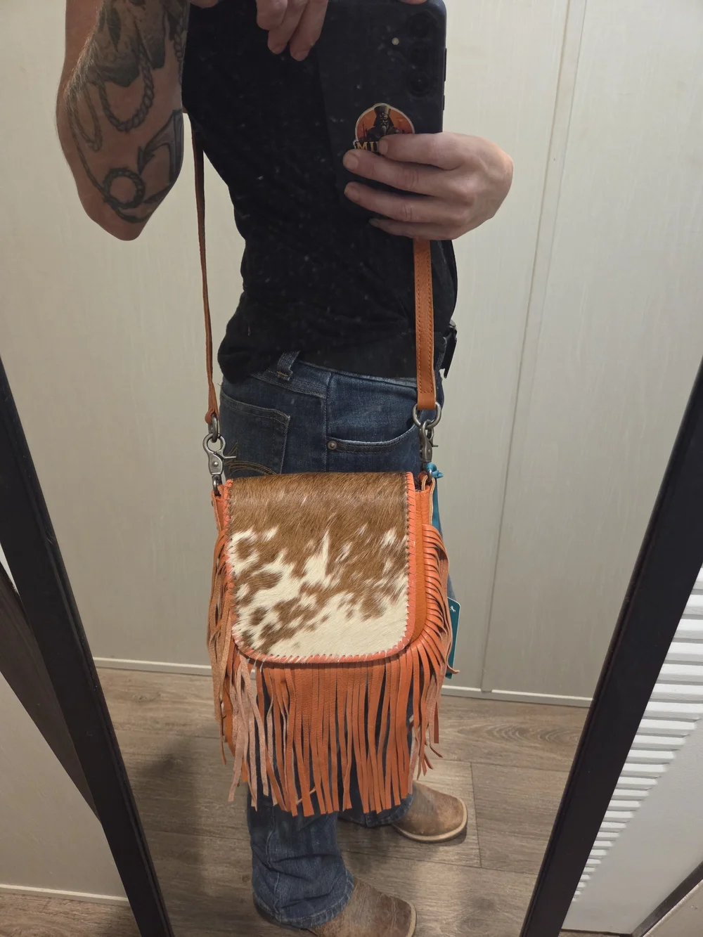 Montana West Brown and White Hair-On Hide Fringe Crossbody Bag